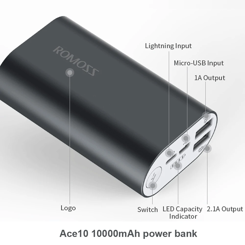 ROMOSS Power Bank 10000mAh ACE10 External Battery Pack Aluminum Alloy Power Bank A10 Charger For iPhone X XS Max Mobile Phone