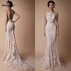 Berta Lace Applique Mermaid Bridesmaid Dresses Wear 2021 Sheer Neck Backless Full length Custom Make Fishtail Prom Pageant Gowns