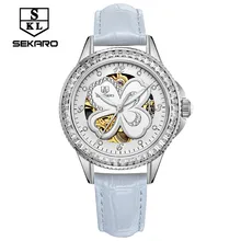 2017 New SEKARO Design Fashion mechanical Luxury Brand Watches Women elegant pink Genuine Leather Ladies watch Relogio Feminino
