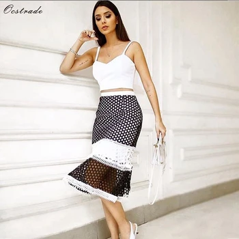 

Ocstrade Summer Fashion 2019 Sexy White Women 2 Piece Bodycon Crop Top and Black Crochet Skirt Party Bandage Two Piece Set