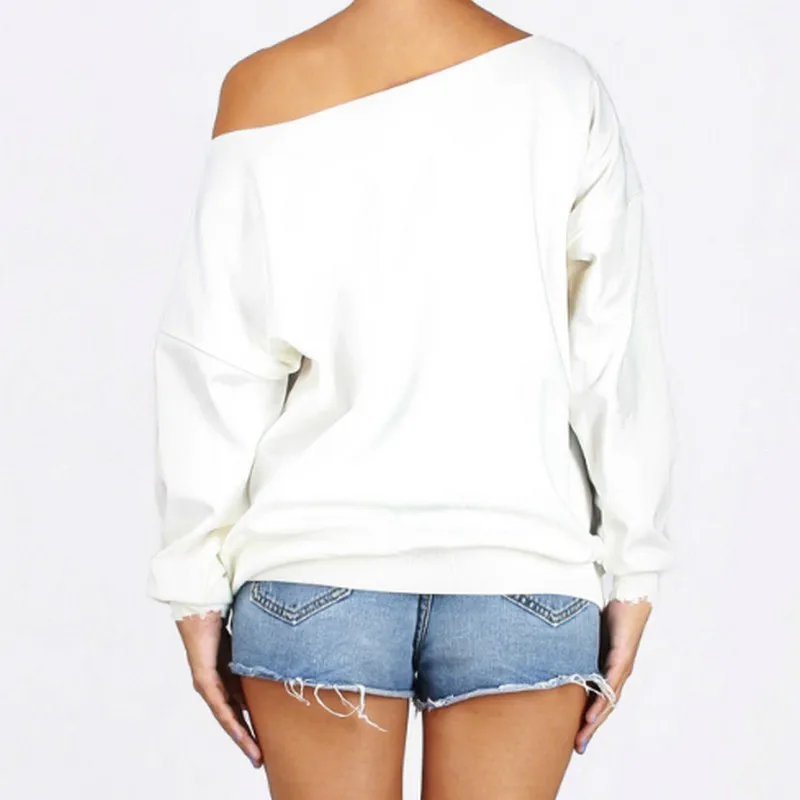  EXOTAO Sexy Women Off Shoulder Sweatshirts Loose Long Sleeve Hoodies Chic Feather Printing Pullover