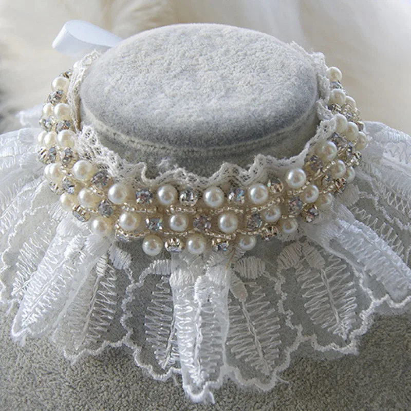 

Summer Handmade Cute Pet White Simple Collar Bandanas Kitten Puppy Dog Cat Girl Costume Decor Lace Pearls Rhinestones Scarf