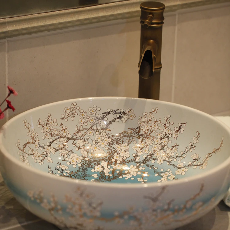 

Round Ceramic Countertop Washbasin Vesel Sink Porcelain Hand Painting Washing Bowl XRS9083