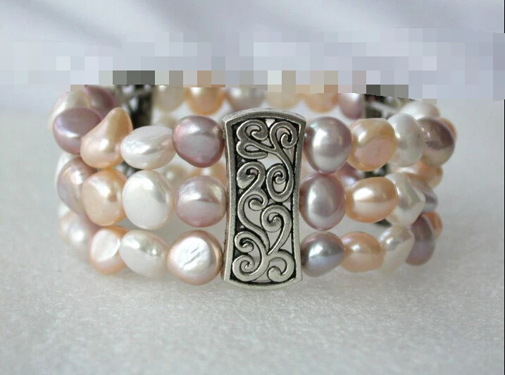 

free shipping 01024 3rows multicolor baroque freshwater cultured pearl bracelet