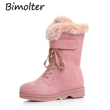 

Bimolter Winter Warm Cow Suede Wool Lining Snow Boots Natural Rabbit Fur Med-Calf Women Boots Lace-Up Comfortable Shoes LAEB016