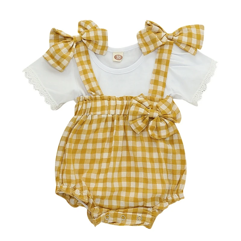

Plaid Cotton 0-24M Cute Summer Baby Girl Casual Short Sleeve Tops T-shirt Plaid Print Strap Shorts With Bowknot Outfits Set
