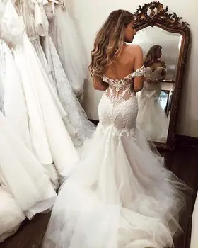 

Sexy Backless Mermaid Wedding Dresses sweetheart Off-the-Shoulder Zipper Back Tulle Wedding Bridal Gown vestidos novia 2020