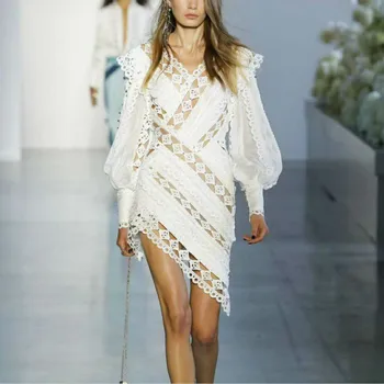 

High Quality Women Lace Hollow Out Dress Mini Runway 2019 Designer Luxury Beading Lantern Sleeve V-neck Ladies Irregular Dresses