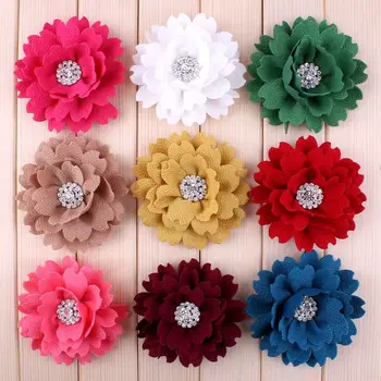 

20pcs/lot 3.5" 9 Colors Vintage Artificial Fabric Winter Hair Flowers With Bling Alloy Rhinestone Button For Women Accessories