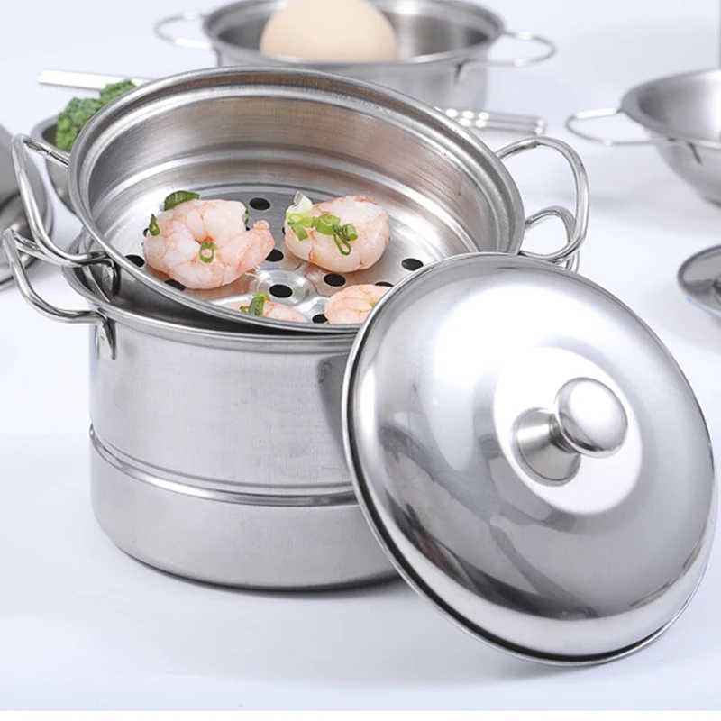 

Stainless Steel Kitchen Toys DIY Three-layer Steamer Pretend Play Kitchen Playset For Baby Girls HouseCooking Cookware Gift