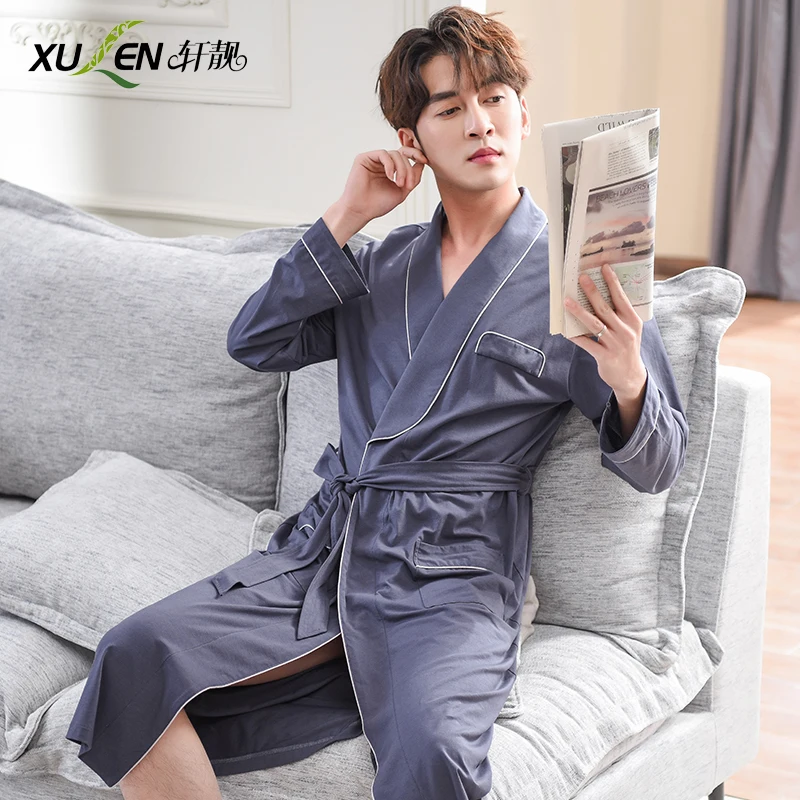 Cotton kimono men bathrobe long sleeve dressing gown plus size bath