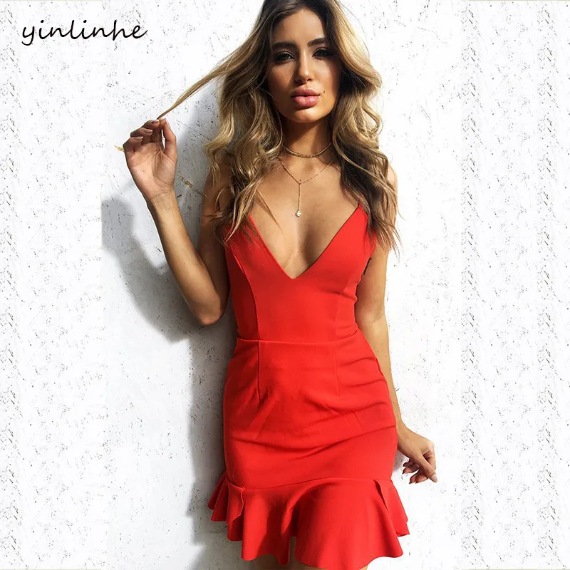yinlinhe Deep V neck Solid Sexy font b Dress b font Women Sleeveless Red Black Summer