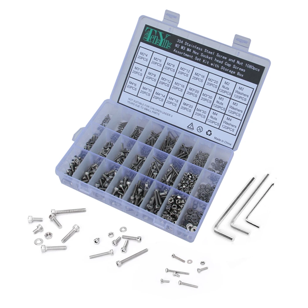 

1080pcs 304 Stainless Steel Screw and Nut M2 M3 M4 Hex Socket head Cap Screws Assortment Set Kit with Storage Box