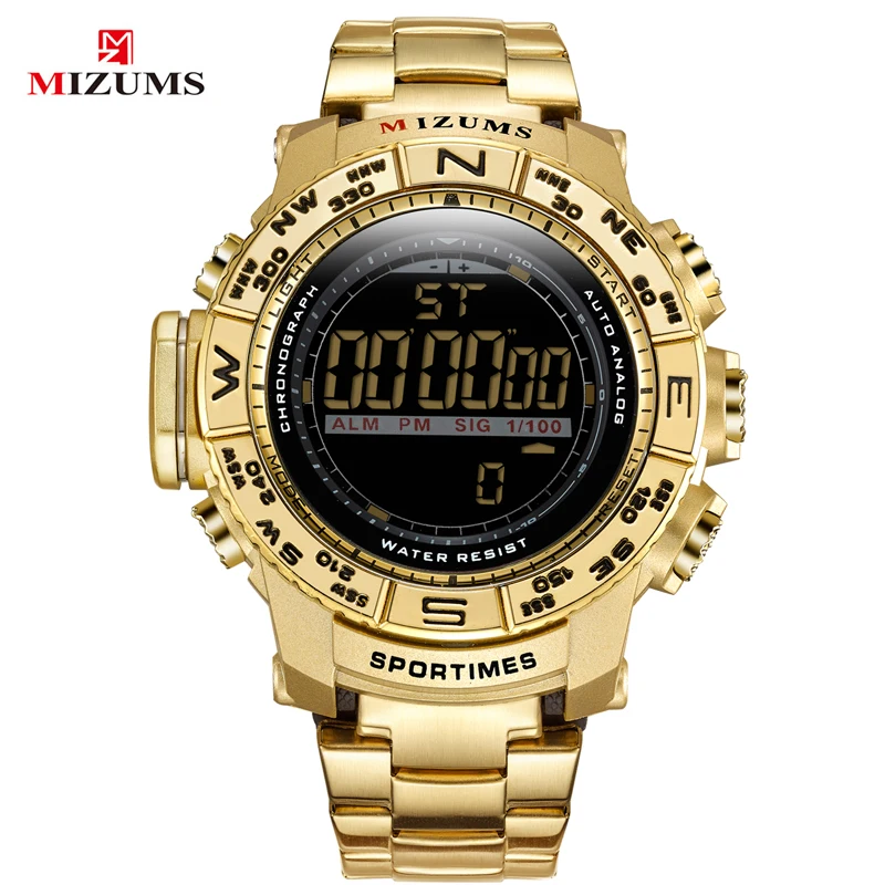 

MIZUMS Chronograph Mens LED Digital Watches For Men-proof D 'Water Alarm Sports MensStainless Steel Band Of Gold WATCH