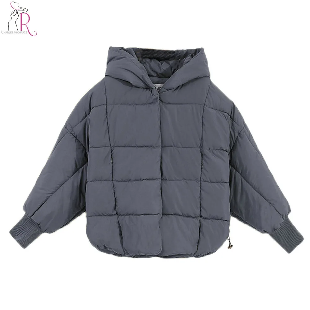Gray Batwing Sleeve Padded Patched Ears Hooded Jacket Coat Winter 2017