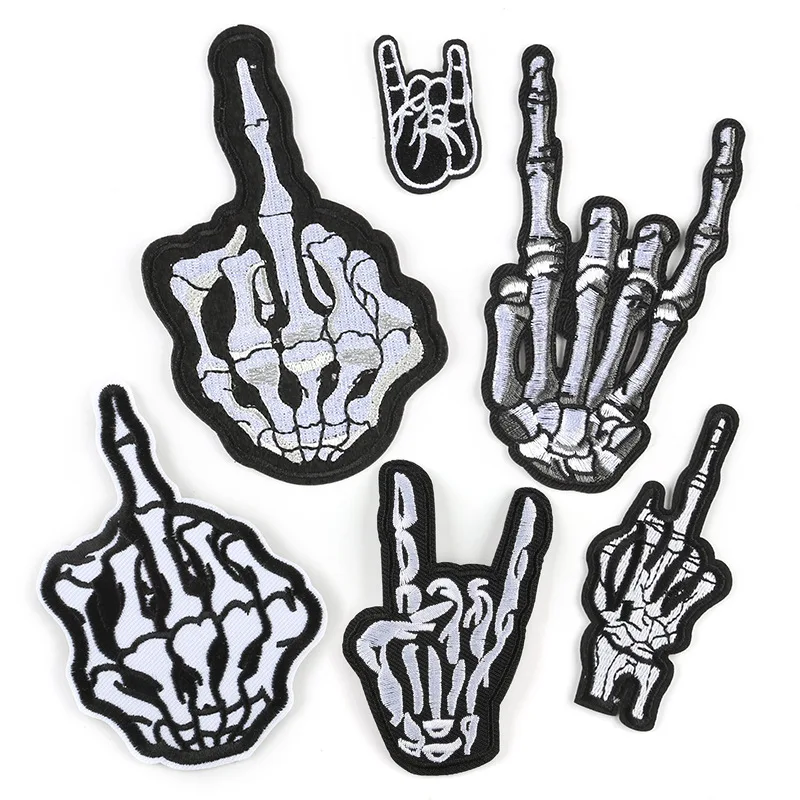 

Middle Finger Skull Patch Punk Rock Patch Jacket Stripe On Clothes Sew On Iron On Biker Embroidered Patches For Clothing