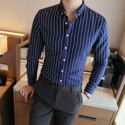Деловые рубашки, новинка, модная брендовая мужская одежда с длинным рукавом, рабочая рубашка в полоску, приталенная рубашка, большие размеры, M-5XL, Повседневная рубашка - Цвет: Тёмно-синий