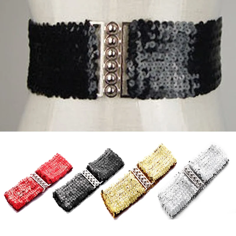

Sequined elastic waistband mirror sequined new womens wide belts corset belt elastic belts for woman elastic belts