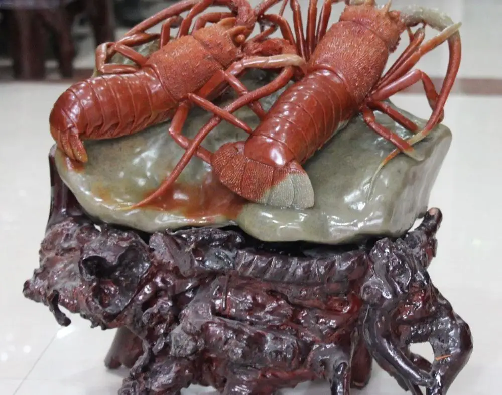 

18" Natural Shoushan Stone Double Dazha Crab Lobster Crayfish Langouste Statue