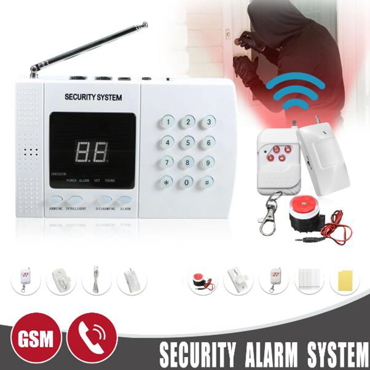 

500ft Zones Wireless PIR Home Security Burglar Alarm System Auto Dialing Dialer Prevent Theft Detect Gas Leakage Wall Mount