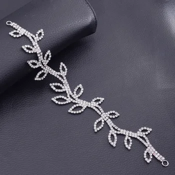 

DIY 2pcs bridal sash belt sewing leaves silver base crystal glass rhinestone patches applique neckline sew on for wedding dress