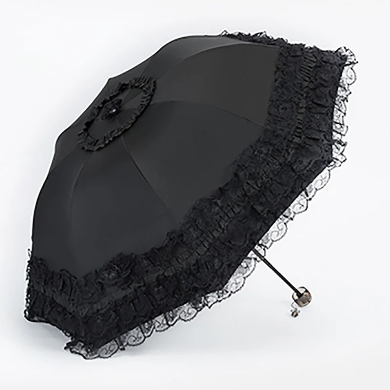 

Sun Folding Umbrella Rain Women Lace Paraguas Mujer Black Parasol Folding Princess Guarda Chuva Invertido UV Protection 40U0094