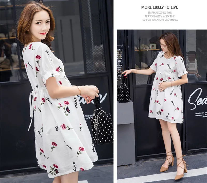 Cotton Pregnant Women Breastfeeding Clothes Summer Embroidery Nursing Dress High Waist Short Sleeve White Maternity Dresses (8)