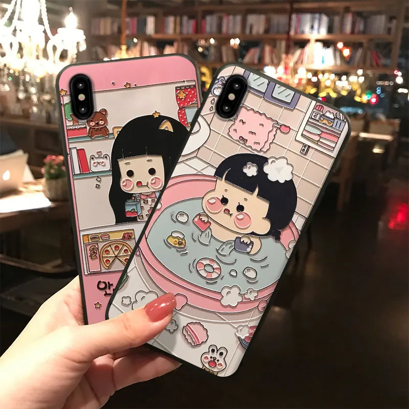 

Embossed Cute Girl Phone Case for iPhone 6 6S 7 8 Plus X XS MAX XR Capa Fundas Cartoon Rabbit Soft Silicone TPU Back Cover Coque