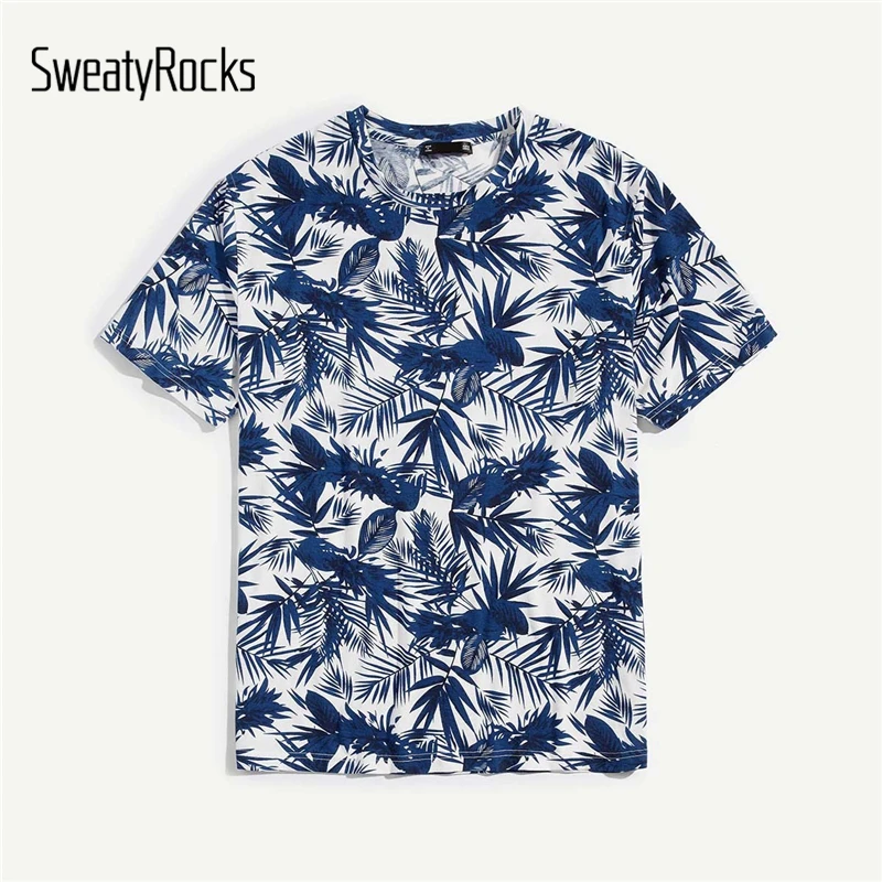 

SweatyRocks Men Palm Leaf Print T-shirt Streetwear Mens Tees Fashion Holiday Clothing 2019 Summer Casual Male Tees And Tops