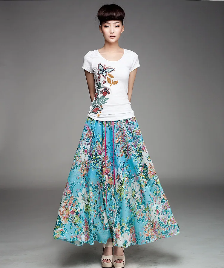 Летний Для женщин макси шифоновая длинная юбка Винтаж с цветочным принтом Повседневное юбка в стиле бохо тонкий плиссированная шифоновая юбка