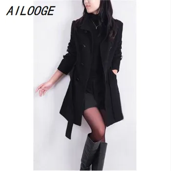 

AILOOGE New Autumn/Winter Fashion Women Trench Stand collar Medium long Woolen Coat Long sleeve Slim Big yards Outerwear