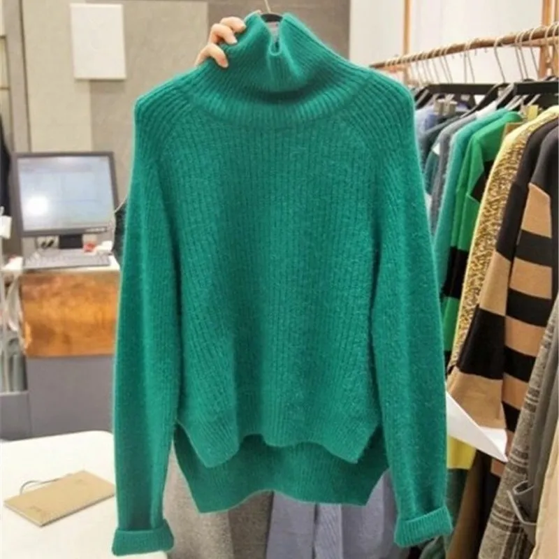 Новый осень-зима Высокая шея Для женщин Повседневное вязаный свитер с высоким воротником в Корейском стиле Свободные длинным рукавом