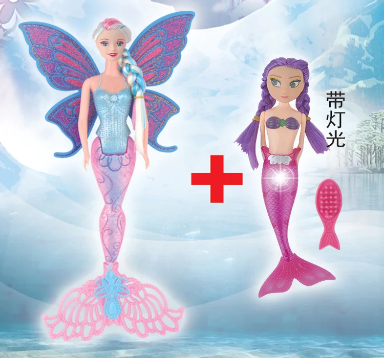 

2 Mermaid Dolls /Lot , 40cm & 20cm Elsa Anna Baby Toy with Lamplight Flexible Tail Butterfly Wing / For Barbie Toys Doll Gift