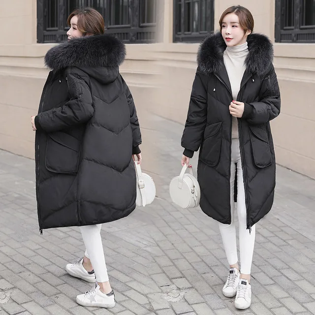 Черный Размера плюс 6XL модные осень зимняя куртка из утиного пуха, куртка Для женщин длинные пальто с натуральным мехом на капюшоне пуховая куртка, женская верхняя одежда - Цвет: Черный
