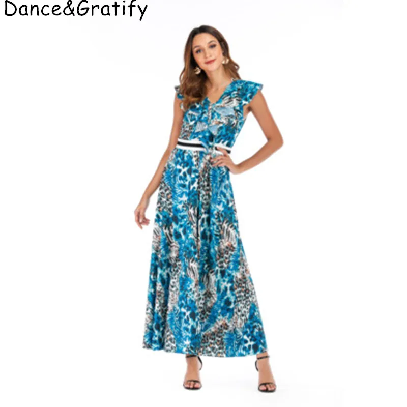 

New 2019 Fashion Runway Long Dress Summer Women's Elegant V Neck Ruffles Leopard Print Maxi Holiday Beach Chic Dresses