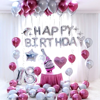 

1set Happy Birthday Party lettre Pink Champagne Bottle Glass Foil Balloon Decor pink latex baloons Celebration Party Supplies