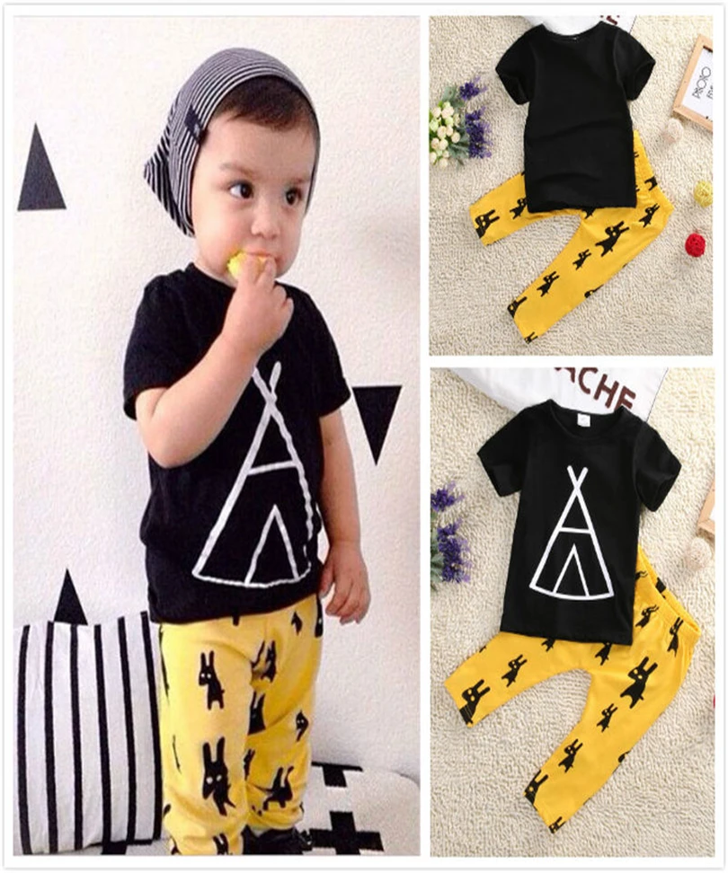 

2017 Fashion Newborn Kids Black T-shirt+Long Pants Cotton Short Sleeve O-Neck Outfits Clothes Boy Children Sets Cheap Sale