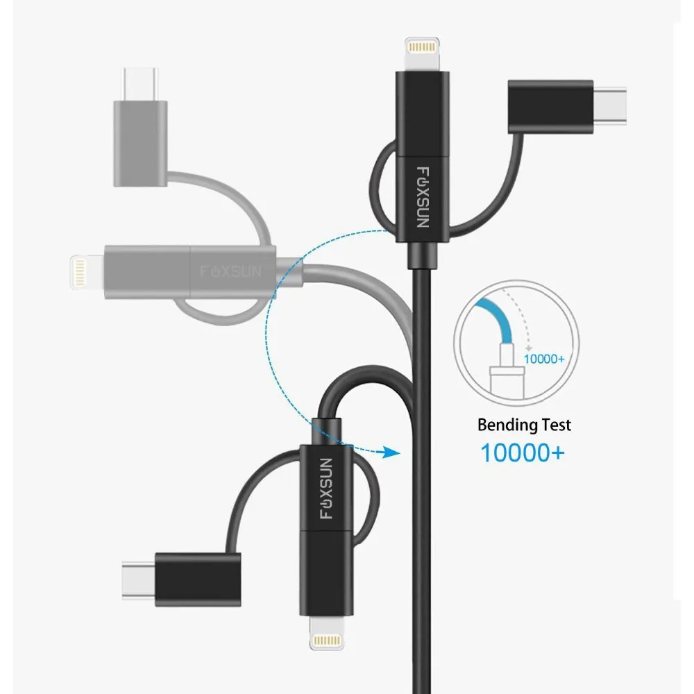 Foxsun USB متعدد المنافذ كابل شحن ل البرق المصغّر usb نوع C كابل ل فون X 8 7 6 Xiaomi سامسونج غالاكسي S8 سريع تهمة 1 M