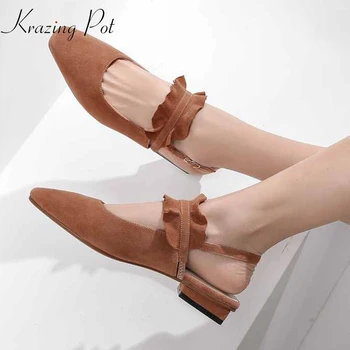 

Krazing pot new Hollywood movie stars low heels square toe buckle straps slingback ruffles decoration cozy party daily pumps L67