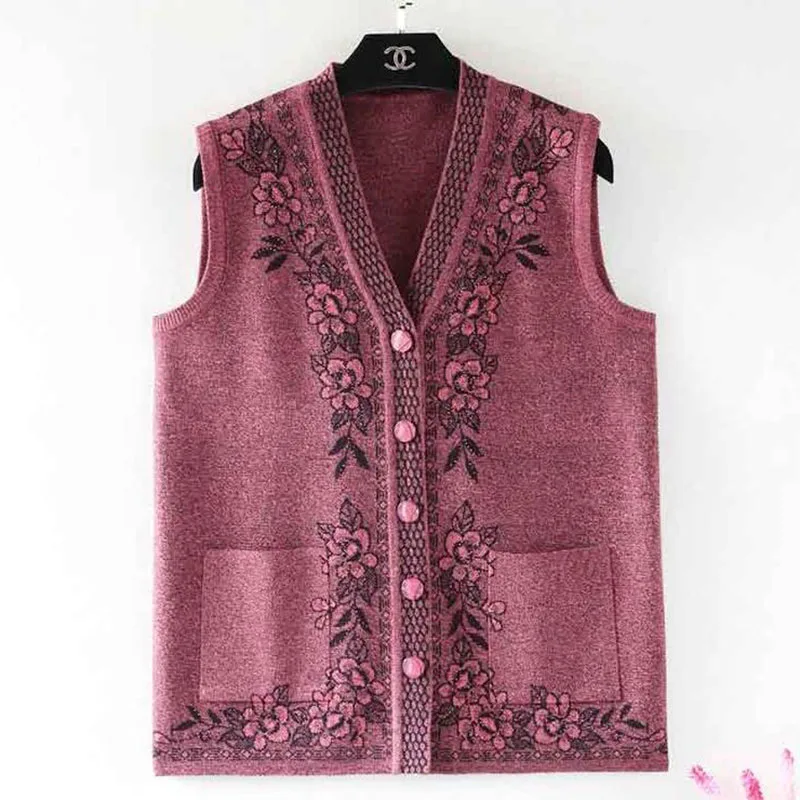 

2019 Middle-Aged Women Vest Cardigan Sweater Print 50-70 Year Old Grandmother Vest Waistcoat Plus Size Casual Sweater Female 467
