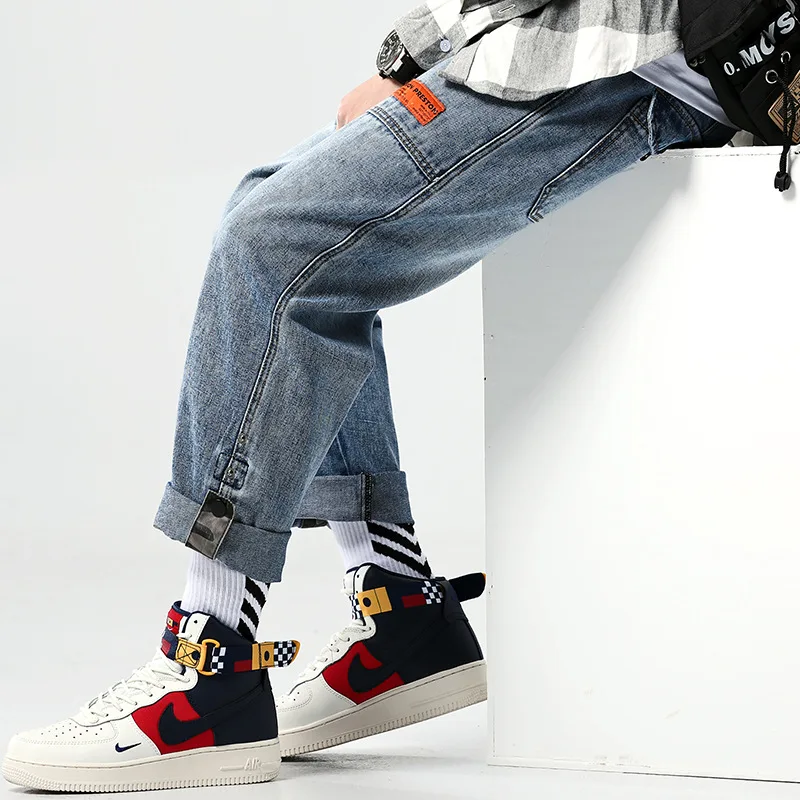 

2019 New Pants High Street Fashion Men Jeans Loose Fit Harem Pants Blue Color Hip Hop Ruffles Jeans For Men !X862
