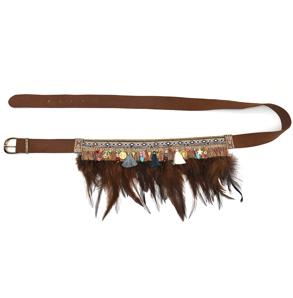 New Ethnic Belt For Women Gypsy Hippie Bohemian Leather Belt Cummerbund For Women Handmade Feather Tassel Flower Belt