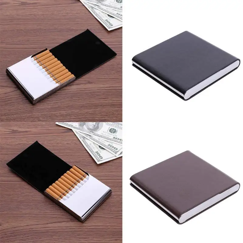 

Ultrathin Stainless Steel Cigarette Case Faux Leather Automatic Cigarette Case Holder Storage Container Tobacco Smoking Case