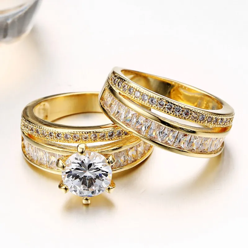 

JEXXI Wholesale 2PCS Ring Set Wide Loop Gold Color Jewelry Women Finger Ring White Round Cut Shape Paved Small Crystal Band