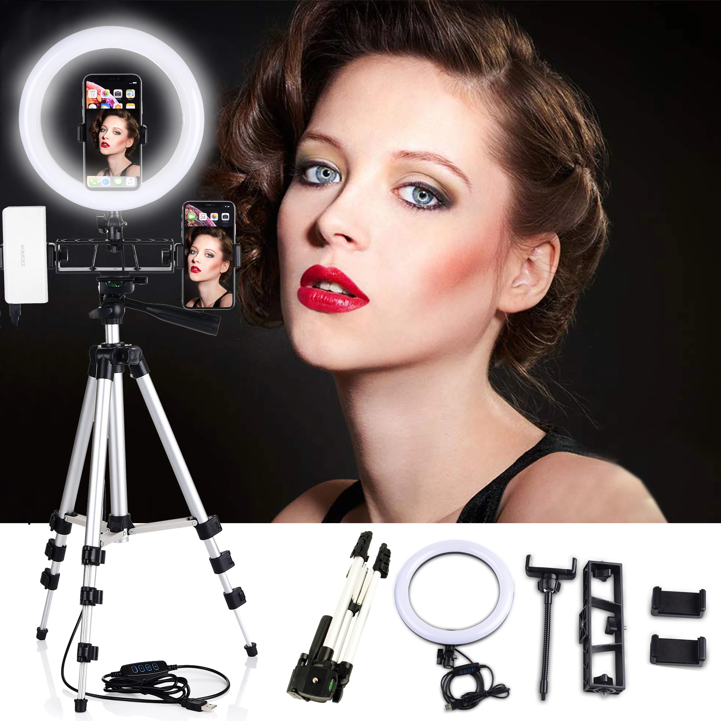 

10" Selfie Ring Light with Tripod Stand for YouTube Makeup Desktop Ringlight LED Camera Lamp 3 Light Modes&10 Brightness Level