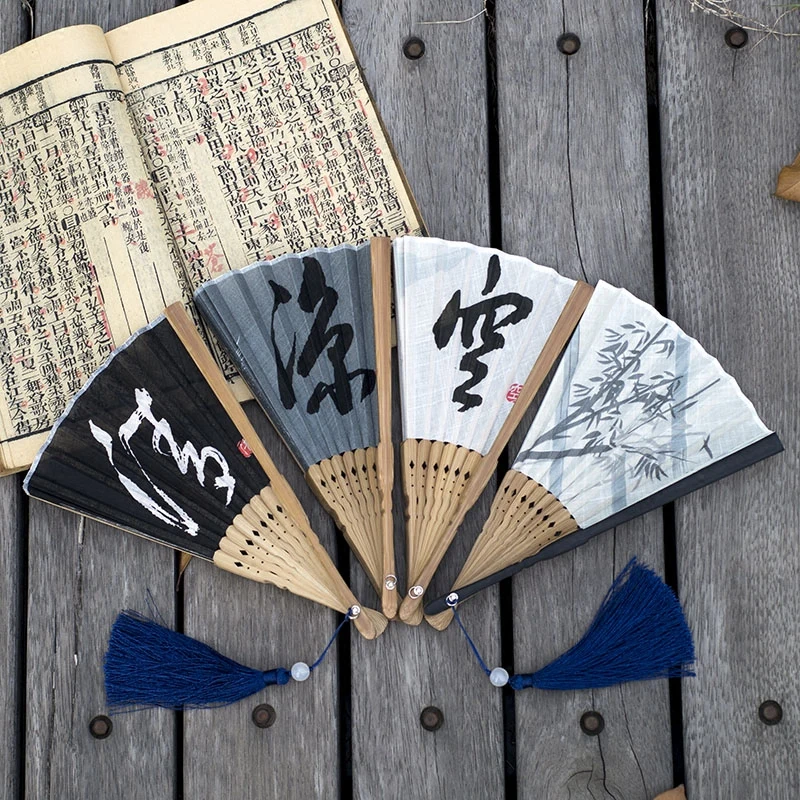 

Chinese Style Japanese Bamboo and Cotton Folding Fan Ink Zen Bamboo Fan Hanfu Men Women Chinese Characters Clear/Cool/Empty