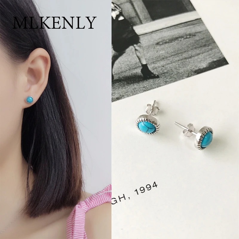 MLKENLY 925 пробы серебряные брендовые ювелирные изделия круглой формы сережки с натуральным камнем Изящные серьги-гвоздики для женщин бирюзовые серьги