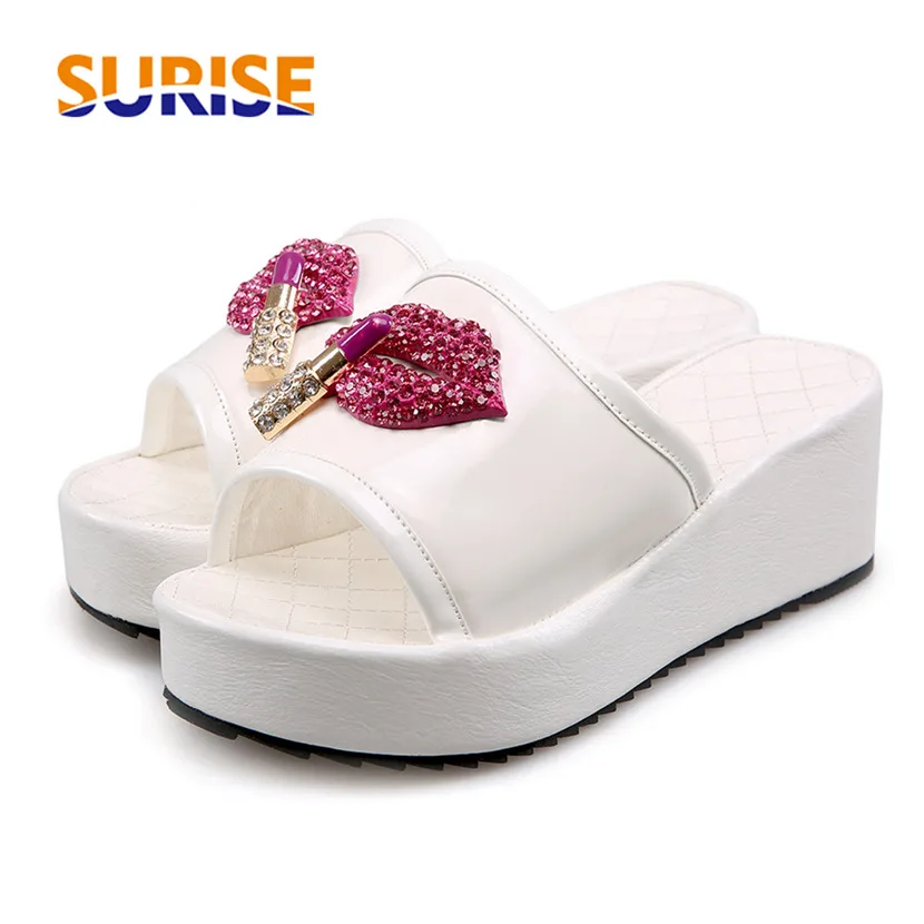 Summer Women Platform Slipper 6cm High Wedge Heel Patent Leather