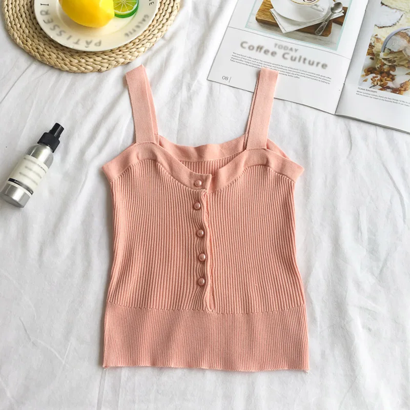 

2019 New Women's Tops Camisole Sexy Solid Color Slim Camisole Buttoned Decorative Tank Top Camisole Women Knit Vest
