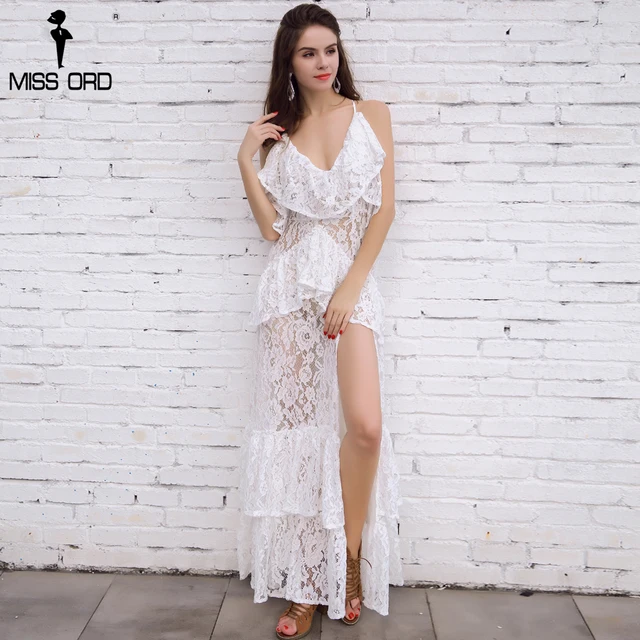 Free Shipping  Missord 2019 Sexy V-neck sleeveless lace stitching halter split maxi dress FT4675 1